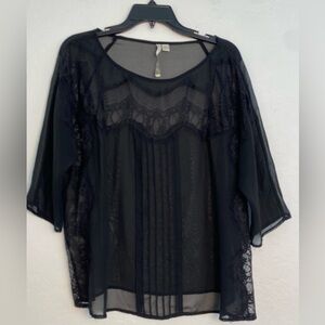 LC Lauren Conrad  Sheer Top Women's Sz XL Black 
Pleats Peasant Tunic with Lace